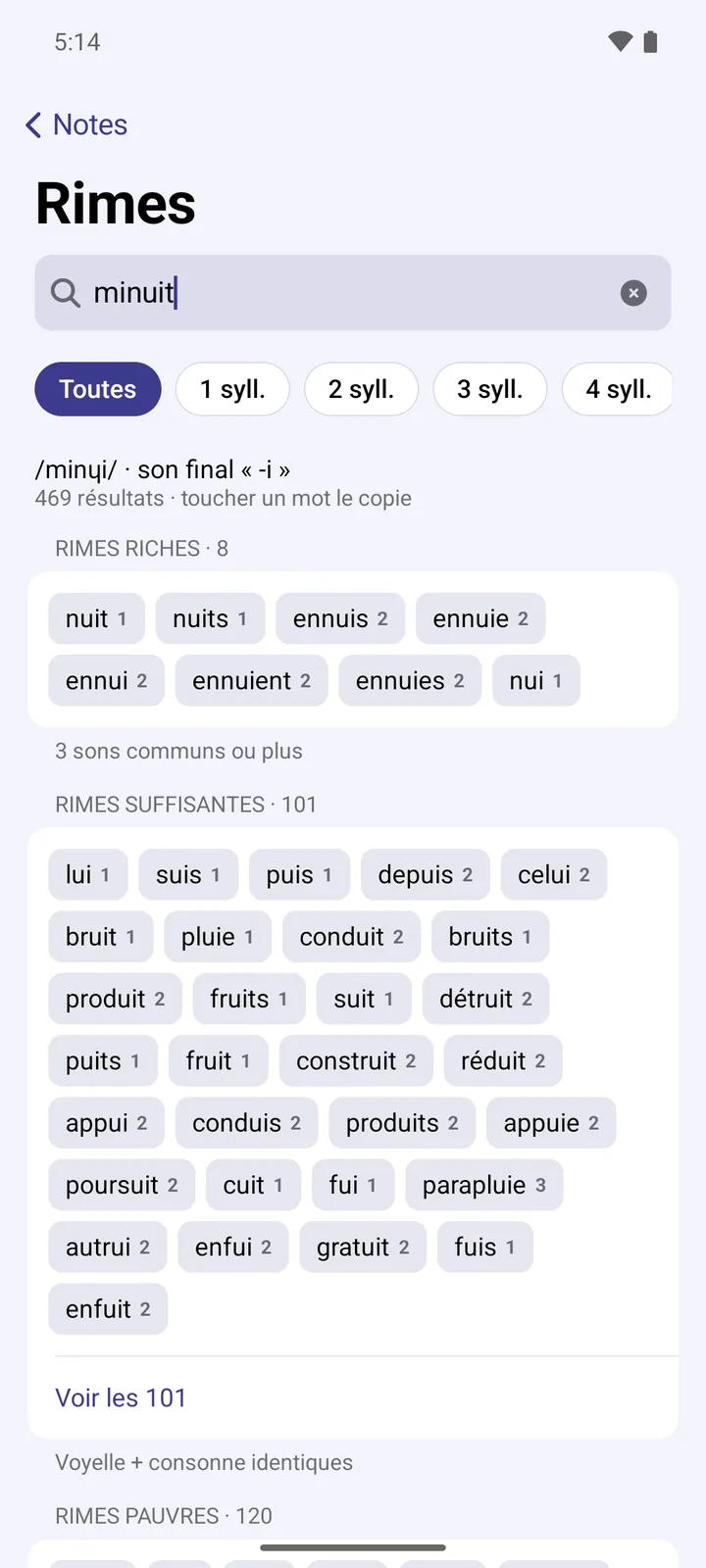 Rhynote's rhyming dictionary for the French word “minuit” (midnight)