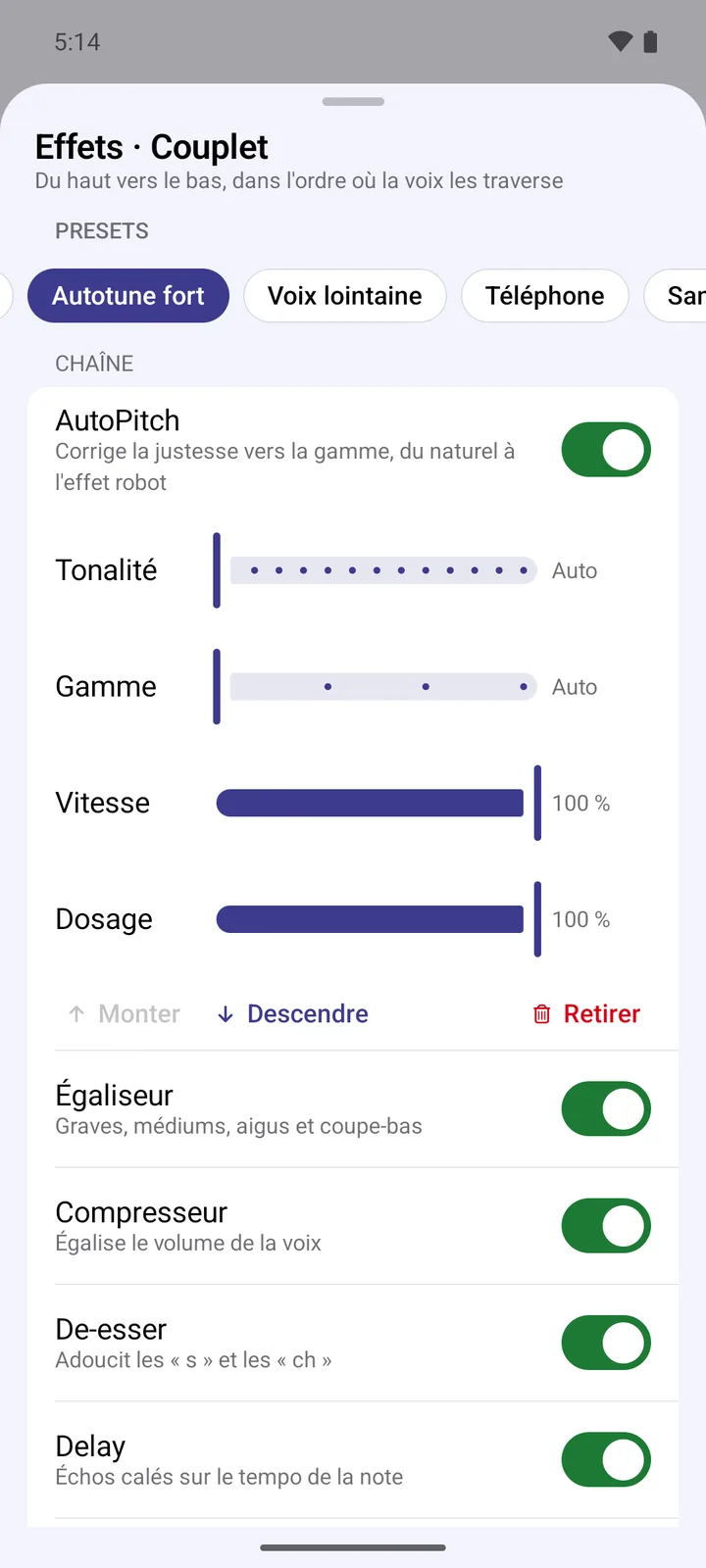A vocal track's effect chain: AutoPitch, equalizer, compressor, de-esser, delay