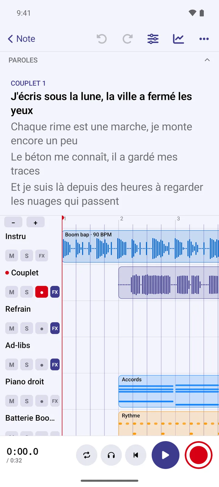 The studio in portrait: lyrics on top, beat, vocal, piano and drum tracks below