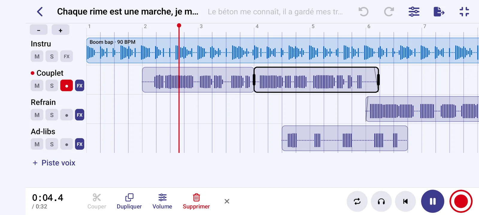 The studio in landscape: the beat and the Verse, Chorus and Ad-libs tracks on the timeline