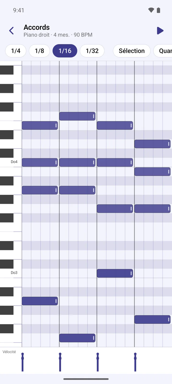 The piano roll: chords written note by note, with velocity at the bottom