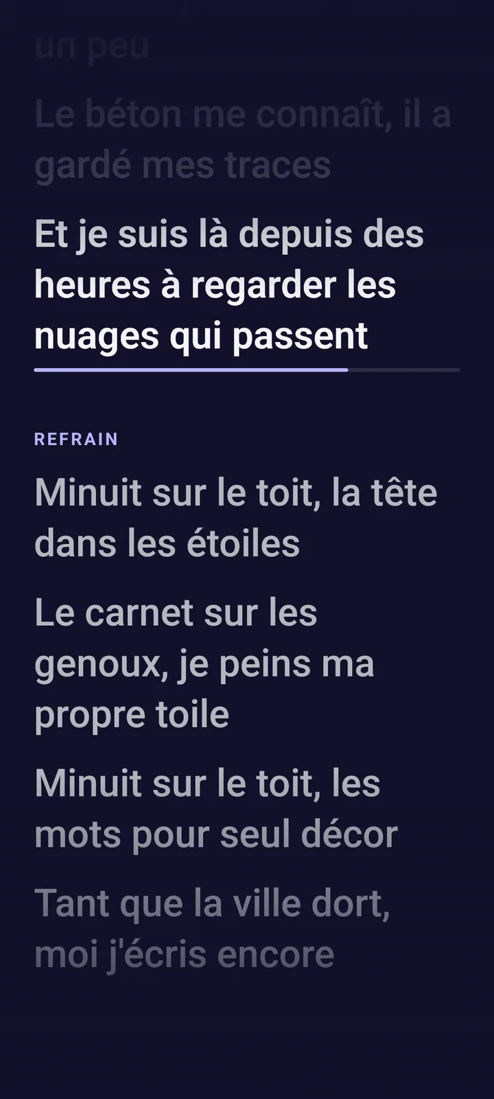 Stage mode: large text on a dark background, the current line highlighted